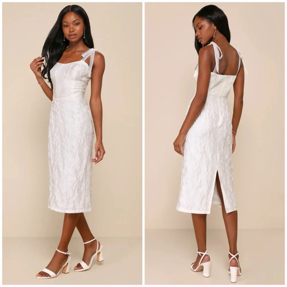 Lulu's Gorgeous Persona White Satin Jacquard Tie Strap Midi Dress - Picture 2 of 15